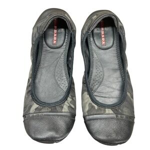 Prada Camo Scrunch Heel Ballet Flats 39A Leather Nylon Designer Y2K Archive